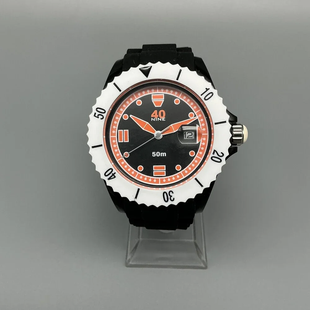 40nine Mens Watch 43mm Black Orange Dial White Bezel Date Silicone New Battery